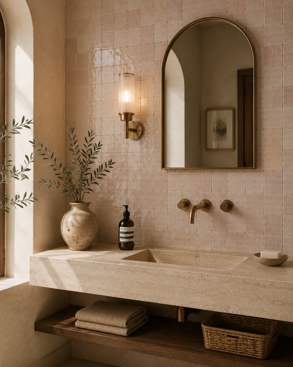 Luxury bathroom featuring Kasbah Mauve handmade Moroccan Zellige wall tiles with glossy artisan glaze, arched mirror, brass fixtures, natural stone vanity, and warm Mediterranean-inspired interior design.