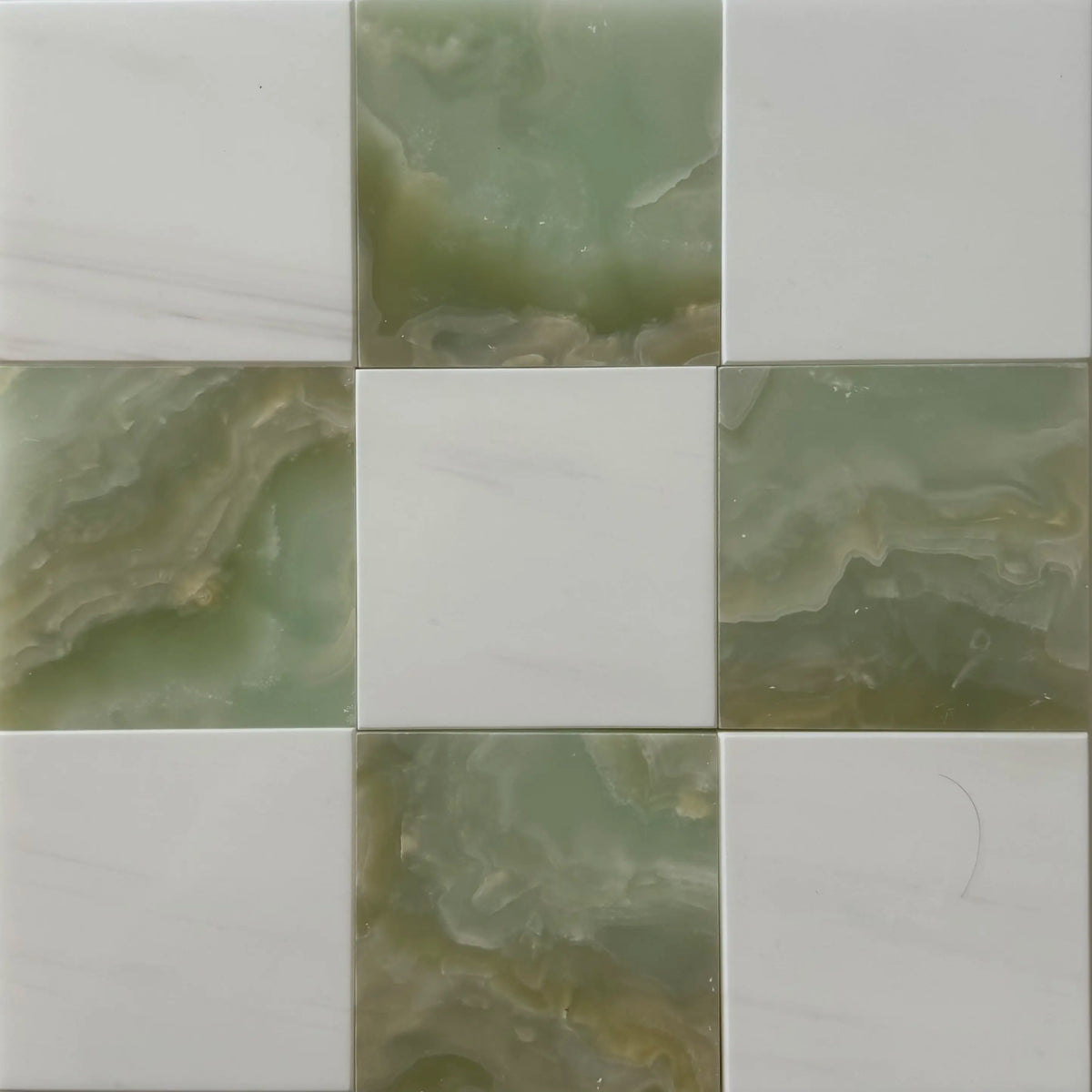 Reference image for the Green Onyx & Bianco Dolomite natural-stone checkerboard tile collection.