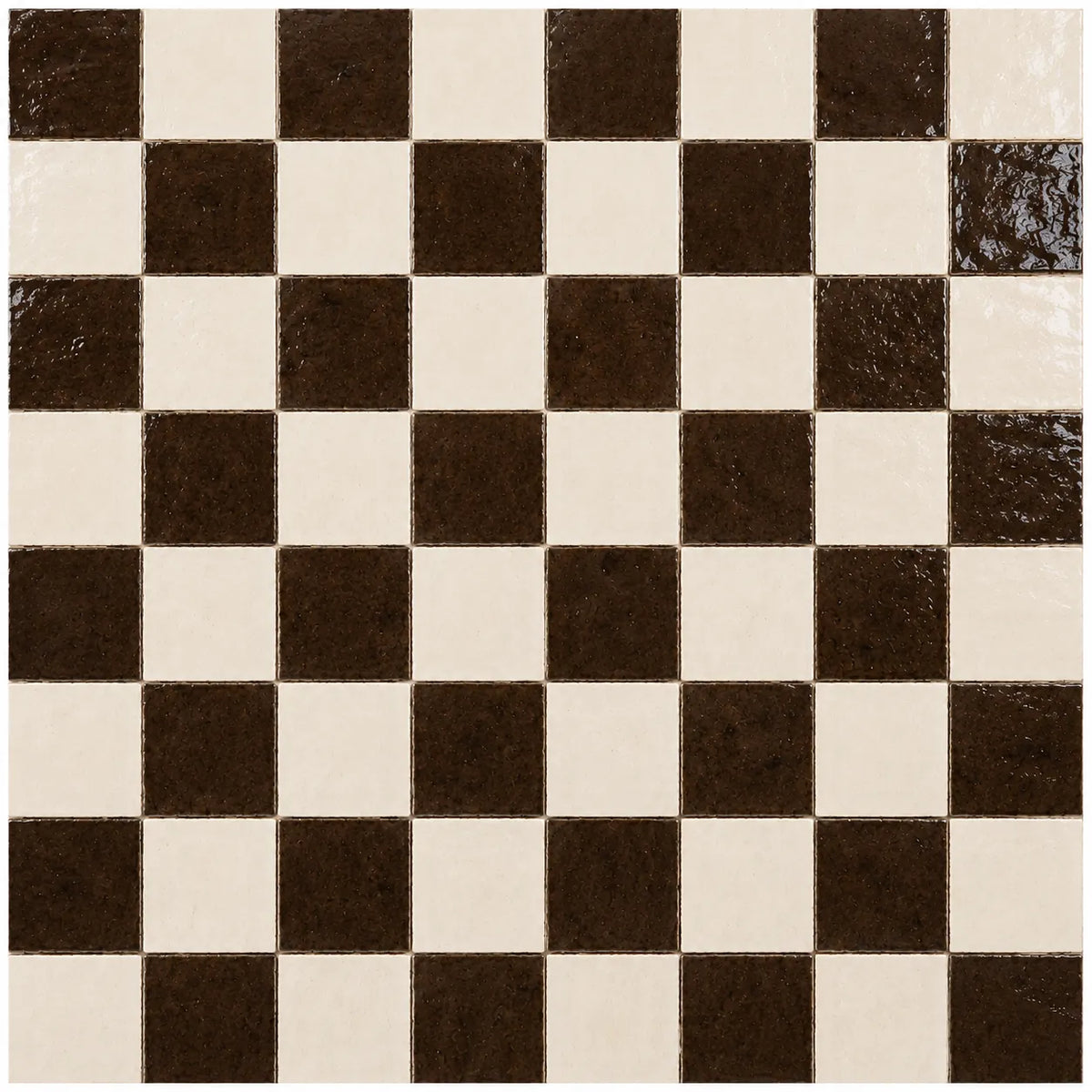 Pattern repeat of Lucienne 4×4 Zellige checkerboard in Espresso & Ivory.