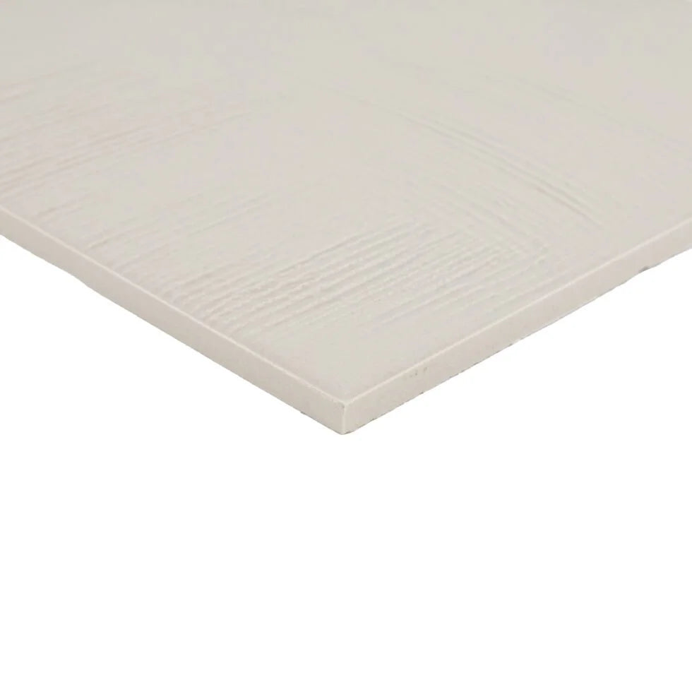 Stria Luna Plaster 7×7 porcelain tile edge detail showing the matte striated surface.