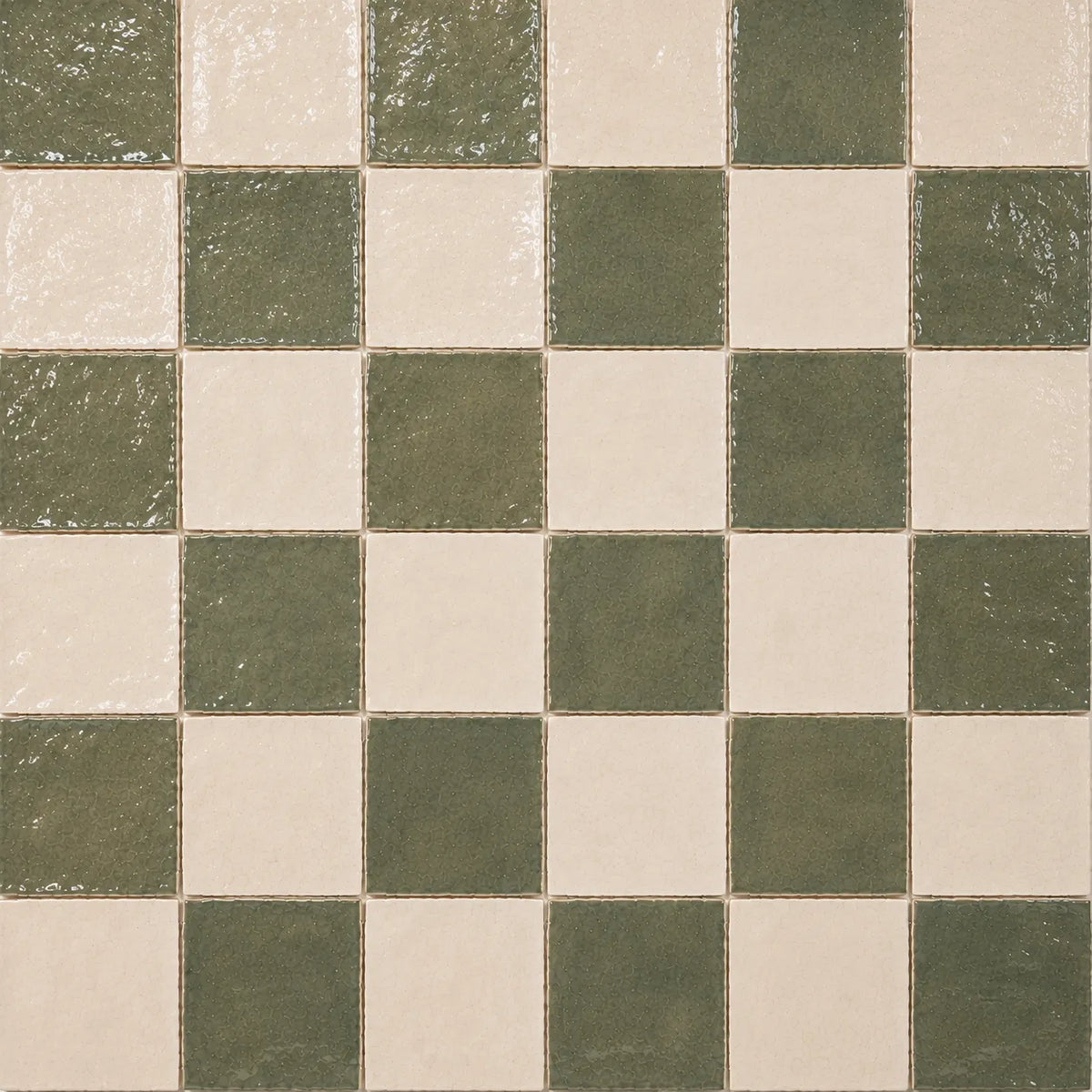 Pattern repeat of Noémie 4×4 Zellige checkerboard in Soft Sand & Ivory.