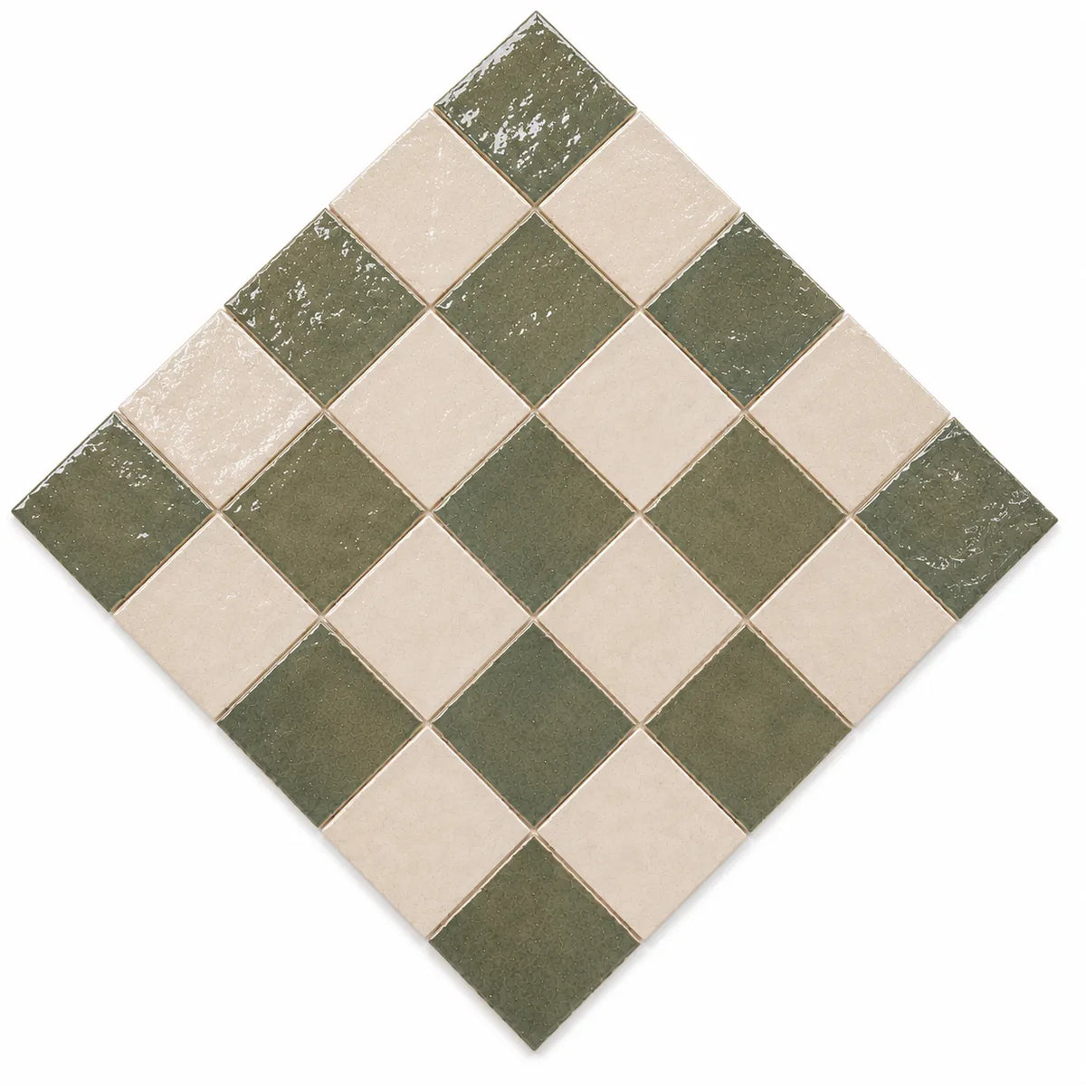 Noémie 4×4 Zellige checkerboard in a 45-degree diamond layout, Soft Sand & Ivory.