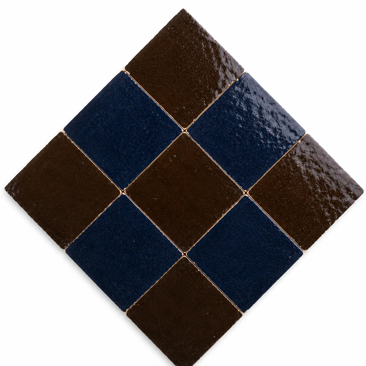 Odette 4×4 Zellige checkerboard in a 45-degree diamond layout, Indigo & Cacao.