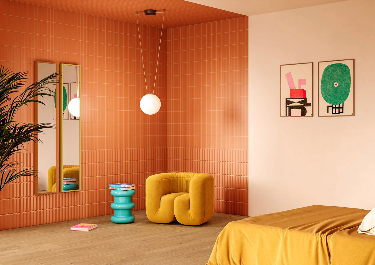Rhythm ceramic wall tile in Spice Ember creating a colorful textured feature wall in a contemporary interior.