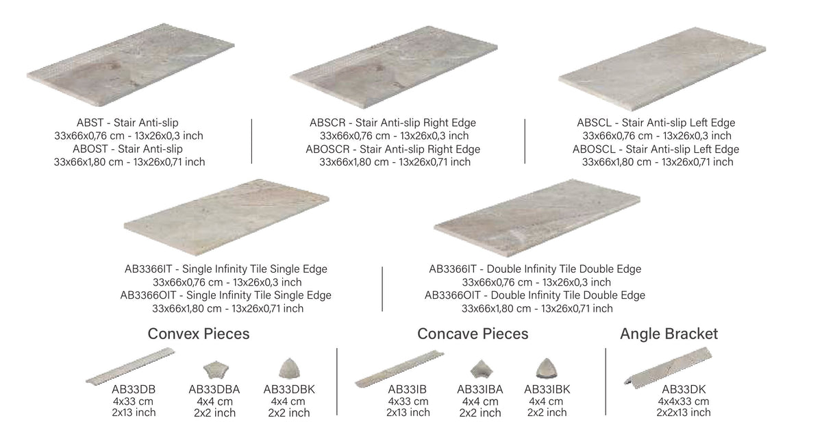 SeraPool Natural Antique Beige porcelain pool trims: step treads, infinity-edge tile, convex and concave pieces and angle trim