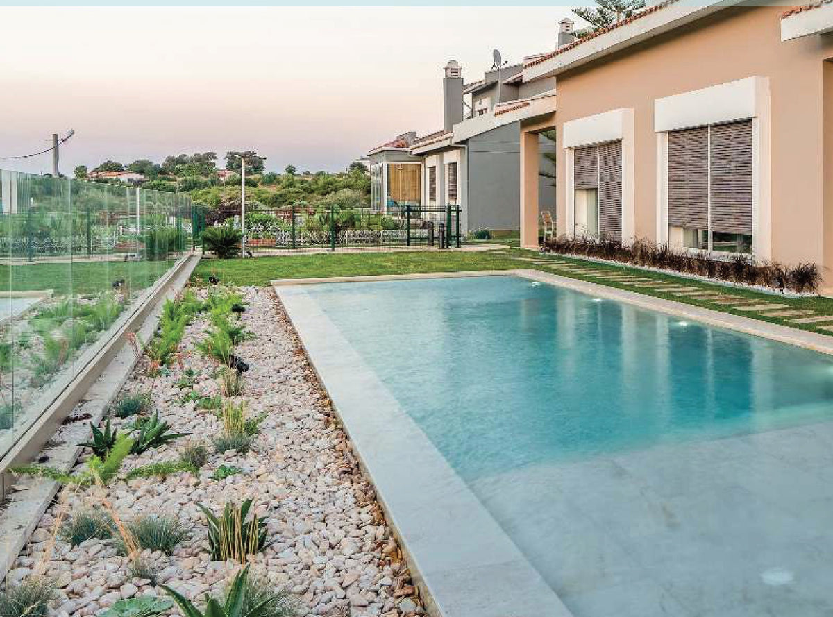 SeraPool Natural Antique Beige porcelain pool tile installed in a finished pool project