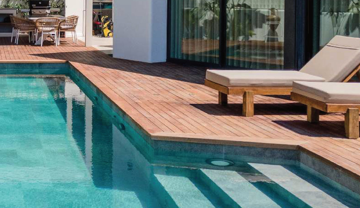 SeraPool Natural Antique Grey porcelain pool tile, close-up of a finished pool surface