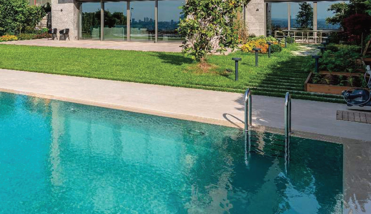 SeraPool Natural Kaan Mix porcelain pool tile, close-up of a finished pool surface