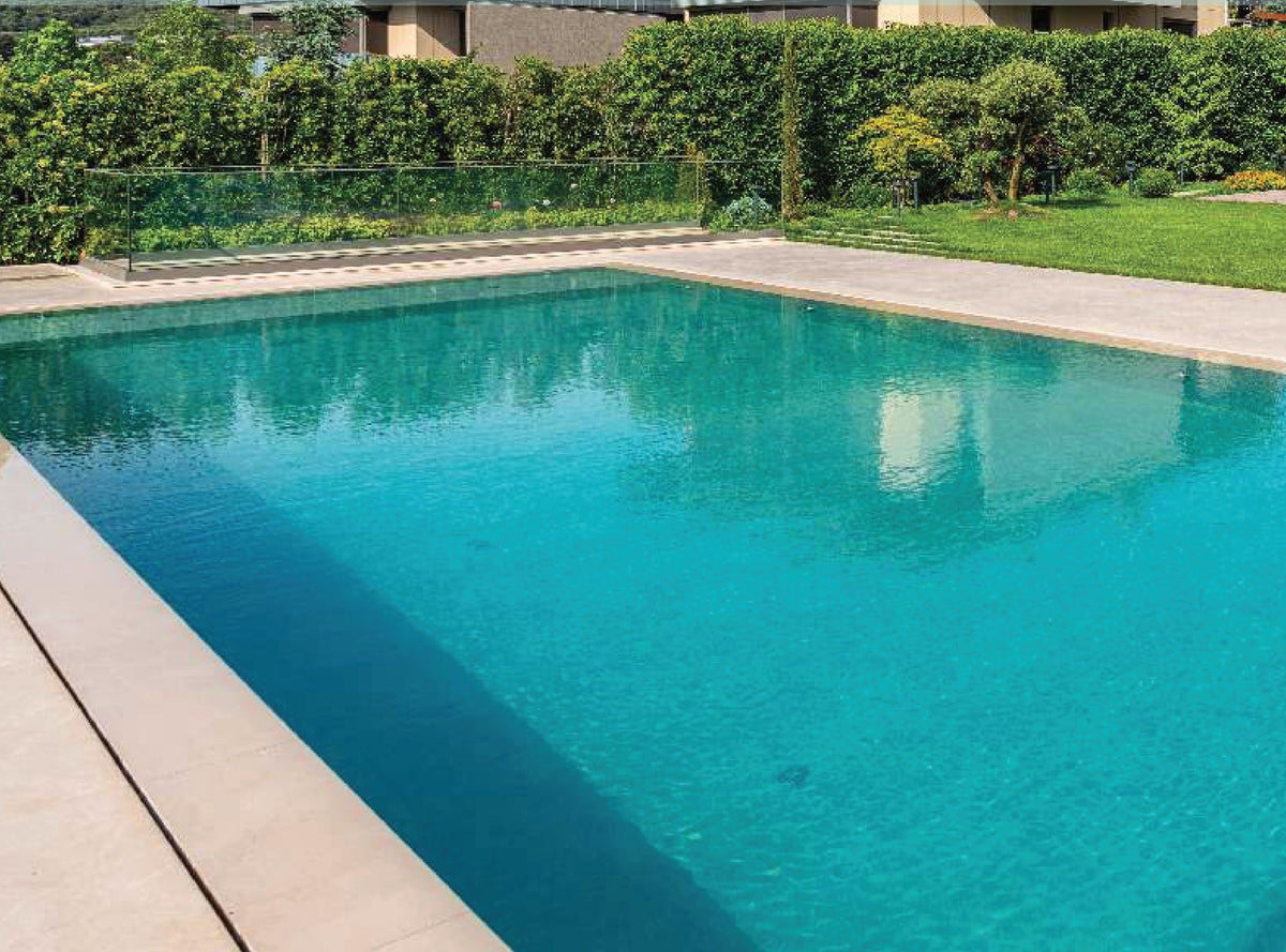 SeraPool Natural Kaan Mix porcelain pool tile installed in a finished pool project