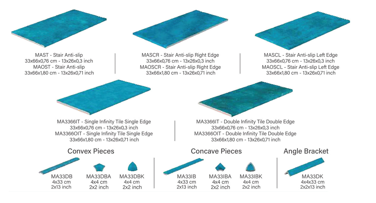 SeraPool Natural Marin porcelain pool trims: step treads, infinity-edge tile, convex and concave pieces and angle trim