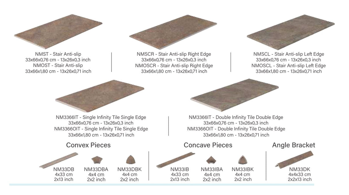 Natural Mocha porcelain deck trims: stair treads with right and left returns, infinity-edge tiles, convex and concave pieces and angle trim