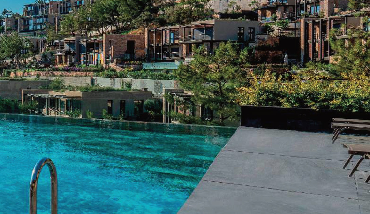 SeraPool Natural Olcay Mix porcelain pool tile, close-up of a finished pool surface