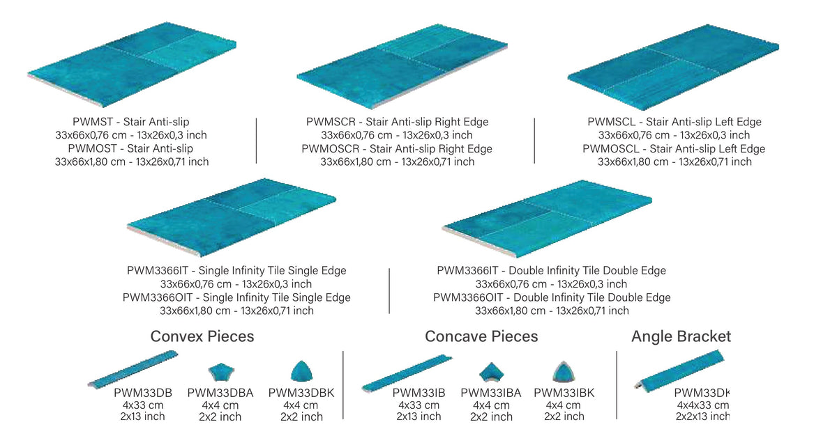 SeraPool Natural Patchwork Marin porcelain pool trims: step treads, infinity-edge tile, convex and concave pieces and angle trim
