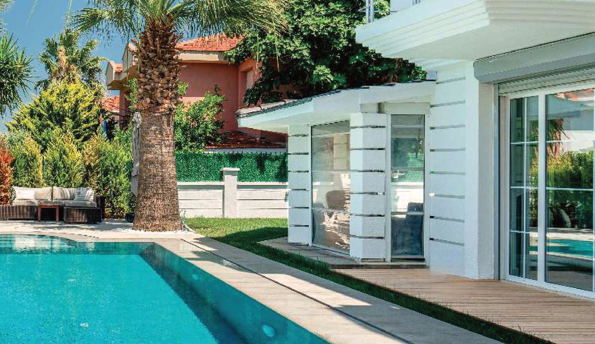 SeraPool Natural Piazza Cyan porcelain pool tile, close-up of a finished pool surface