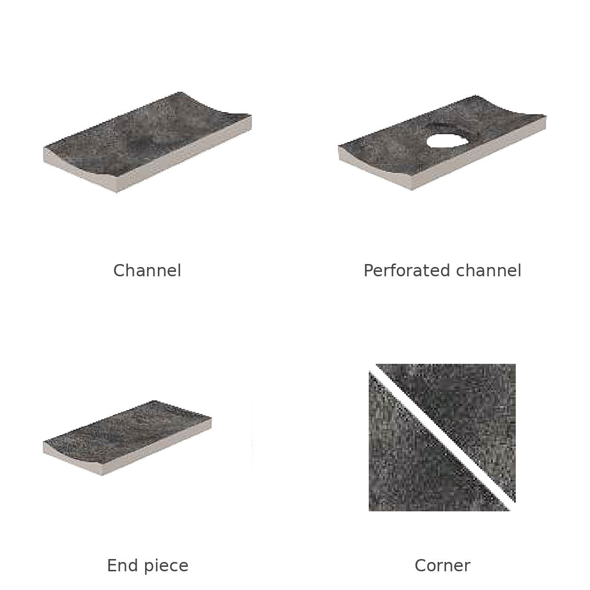 Pool Garden Anthracite porcelain deck drain channel system: channel, perforated channel, end piece and corner