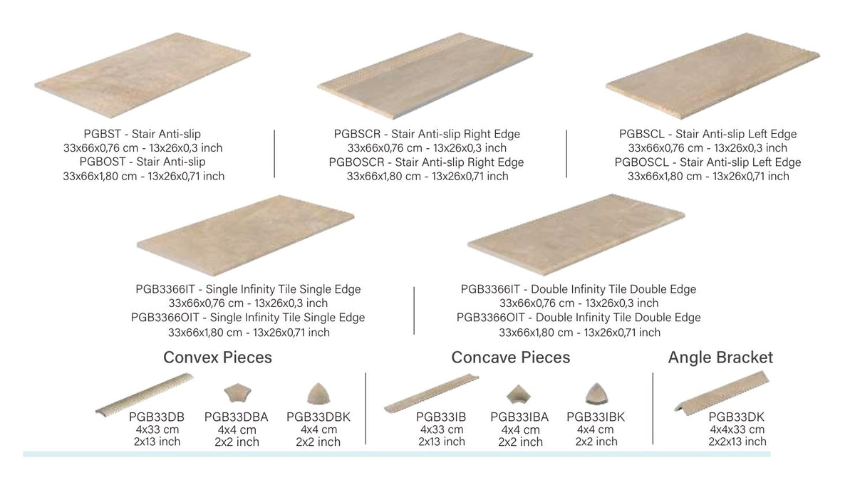 Pool Garden Beige porcelain deck trims: stair treads with right and left returns, infinity-edge tiles, convex and concave pieces and angle trim
