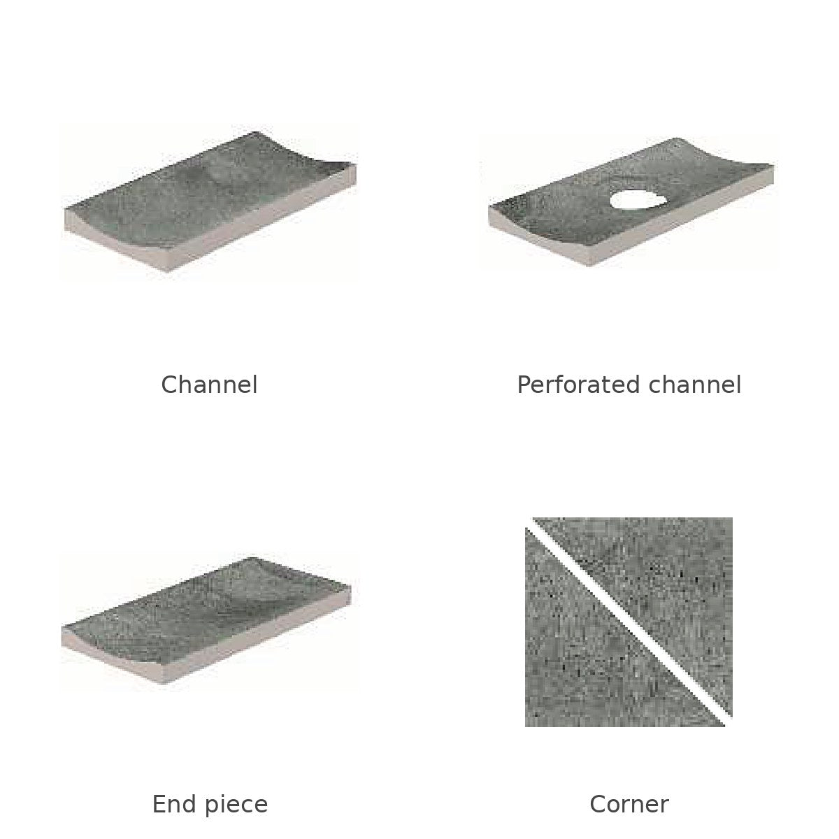 Pool Garden Grey porcelain deck drain channel system: channel, perforated channel, end piece and corner