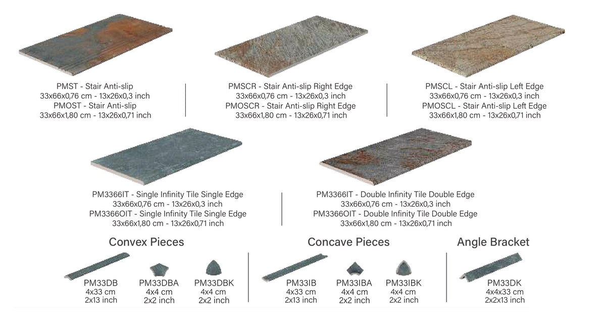 SeraPool Natural Pool Mix porcelain pool trims: step treads, infinity-edge tile, convex and concave pieces and angle trim