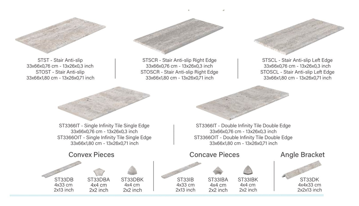 Silver Travertine porcelain deck trims: stair treads with right and left returns, infinity-edge tiles, convex and concave pieces and angle trim
