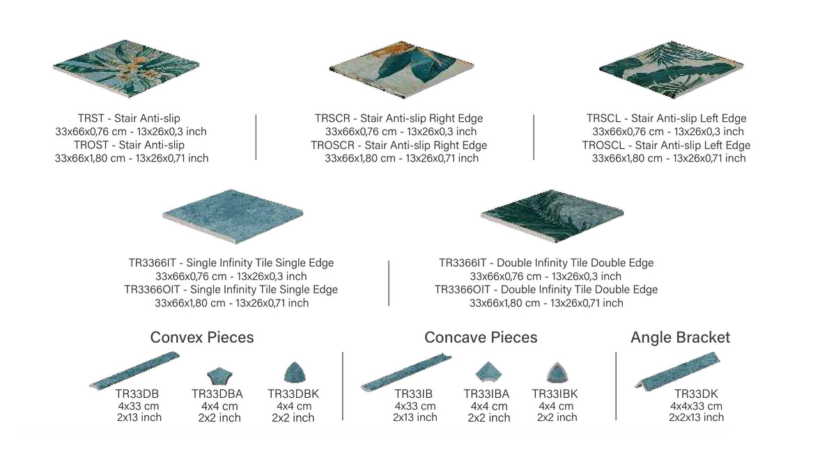 SeraPool Natural Tropic porcelain pool trims: step treads, infinity-edge tile, convex and concave pieces and angle trim
