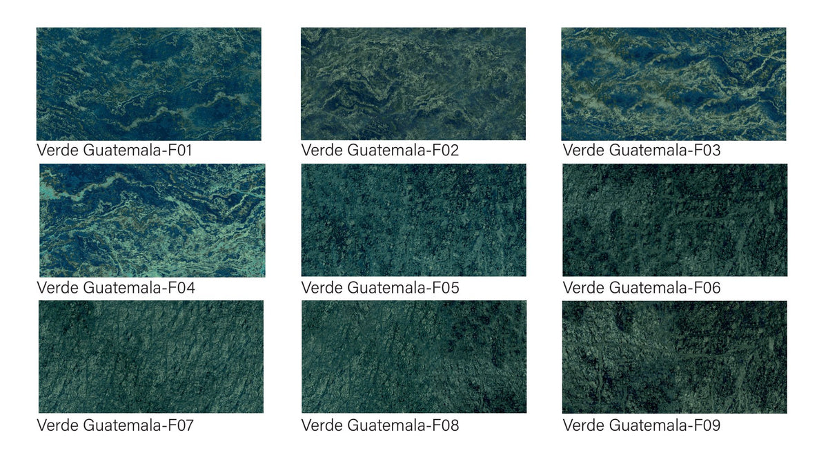 SeraPool Natural Verde Guatemala porcelain pool tile, all nine faces F01 to F09 shipped mixed for random installation