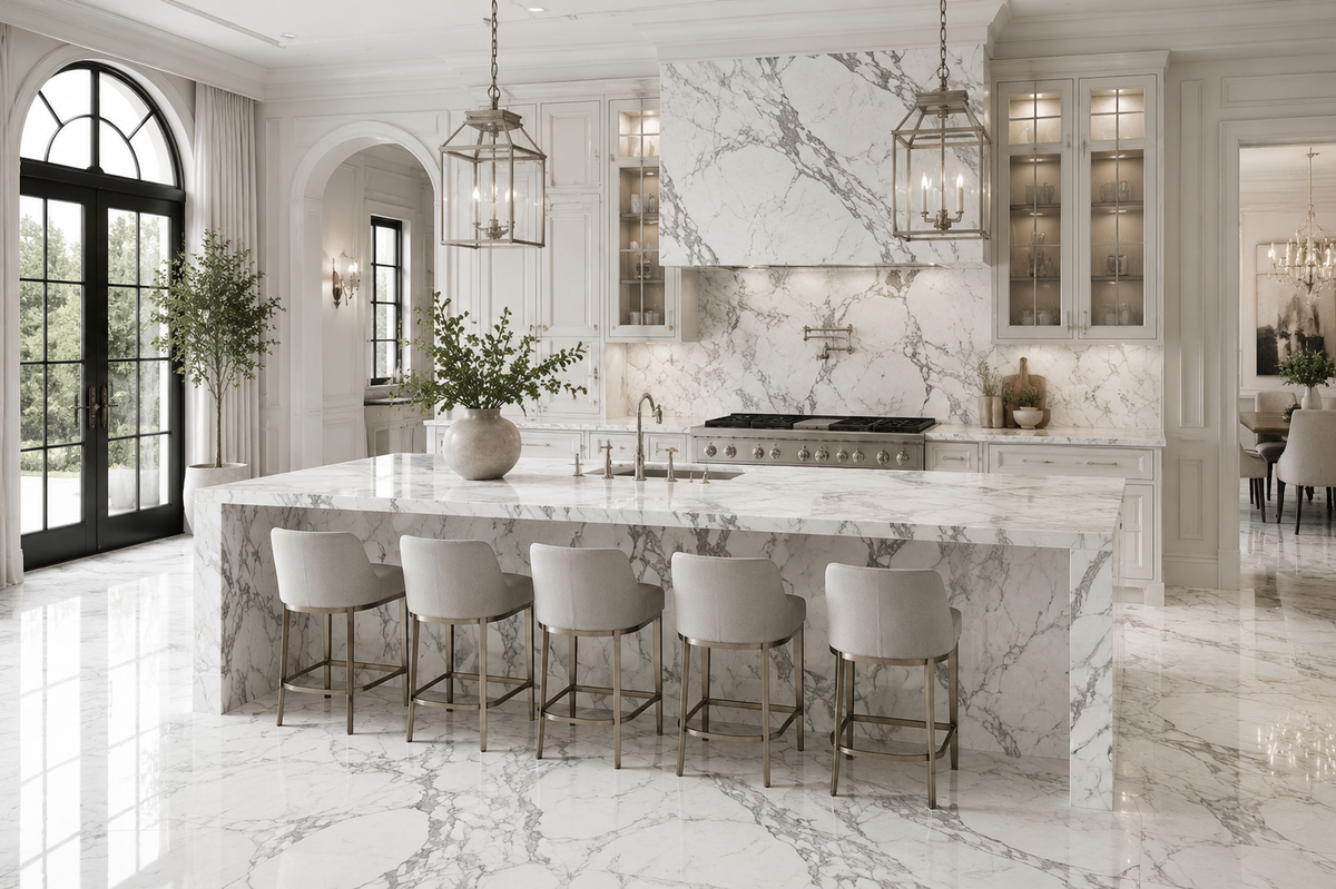 Luxury Upper East Side grand kitchen featuring Statuary White marble waterfall island, full-height marble backsplash, polished marble flooring, custom white cabinetry, and dramatic gray veining with timeless contemporary elegance.