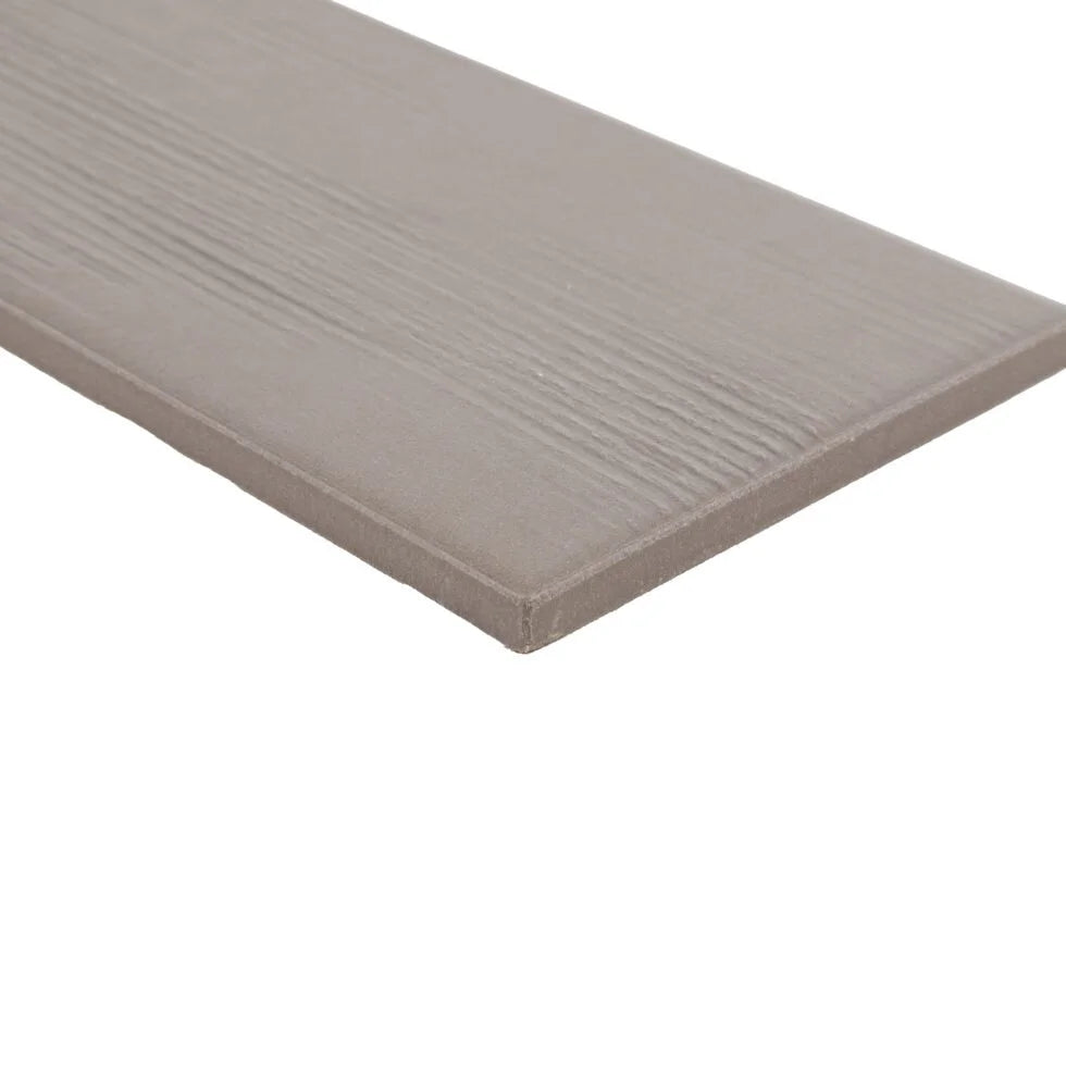 Stria Taupe Ember 3.5×7 porcelain tile edge detail showing the matte striated surface.