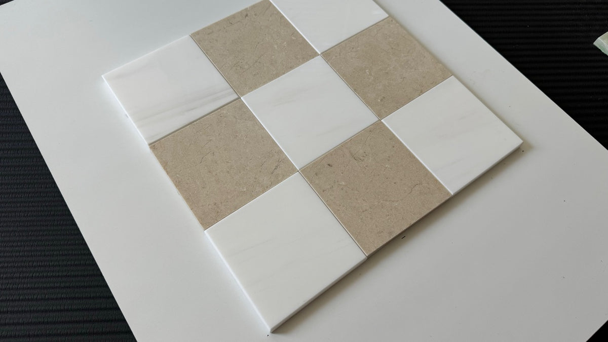 Crema Marfil & Bianco Dolomite multi-size polished or honed natural-stone checkerboard tile pattern.