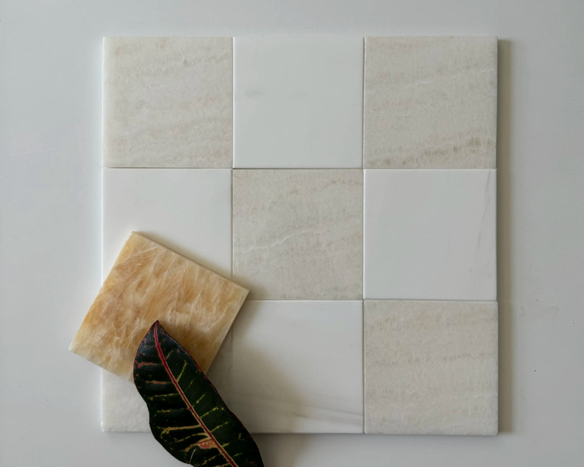Alternate natural-stone reference image; not the exact White Onyx & Bianco Dolomite checkerboard pairing.