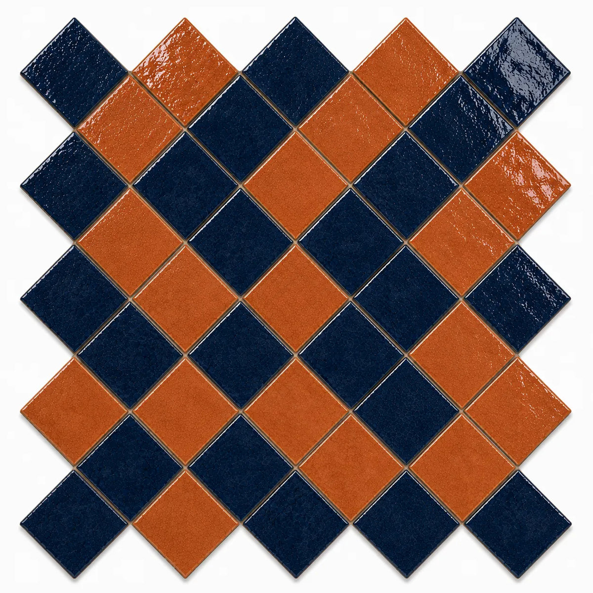 Vivienne 4×4 Zellige checkerboard in a 45-degree diamond layout, Indigo & Terracotta.