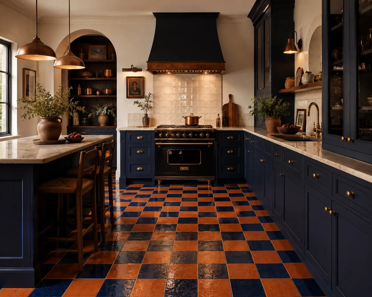 Vivienne 4×4 Zellige checkerboard installed in a kitchen, Indigo & Terracotta.