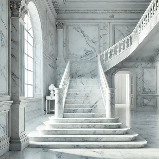 Elegant interior design featuring Carrara marble with subtle gray veining, showcasing its timeless beauty in modern architecture. Includes marble walls, flooring, and a luxurious staircase under natural lighting.