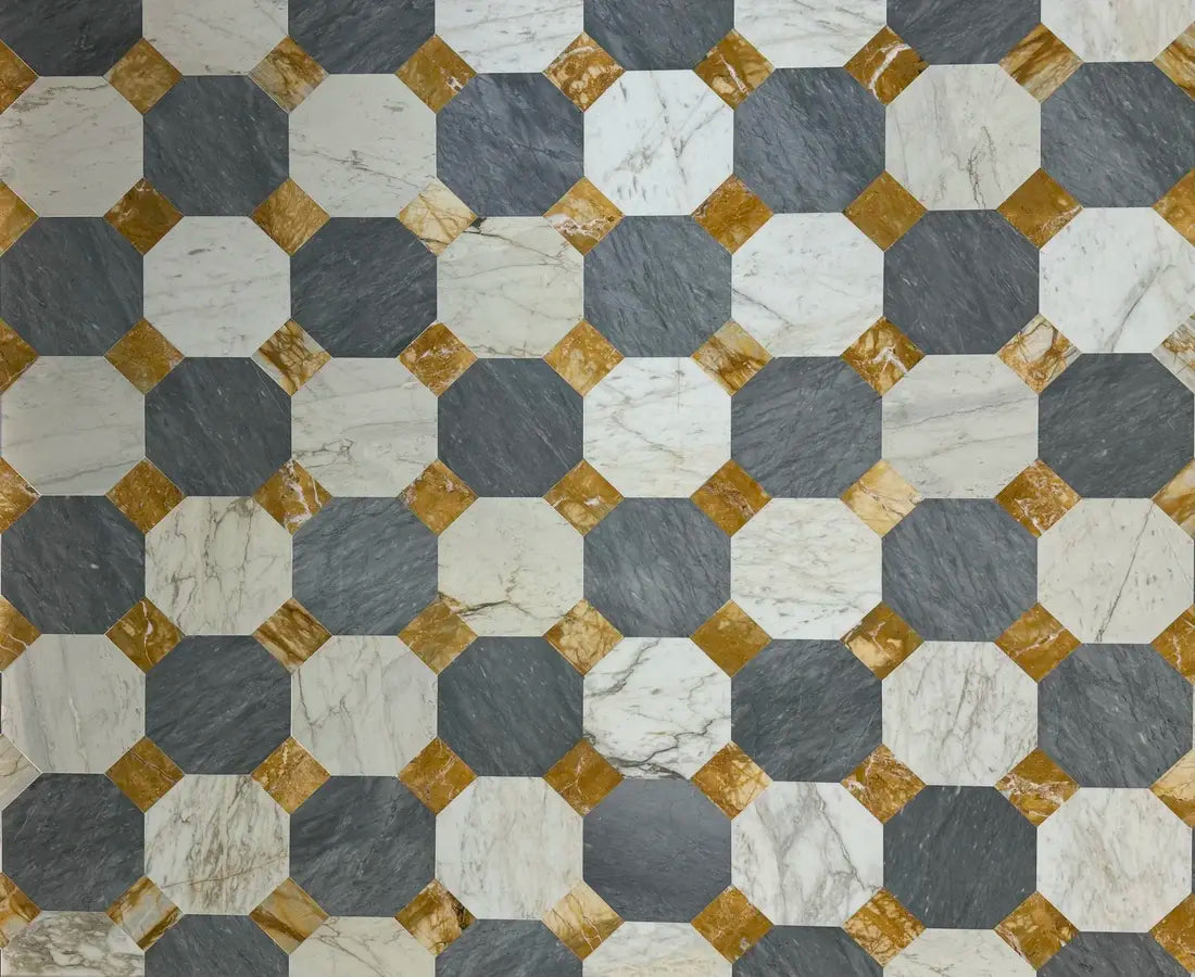 Blue, gold and white marble checkerboard tile wall on a modern kitchen