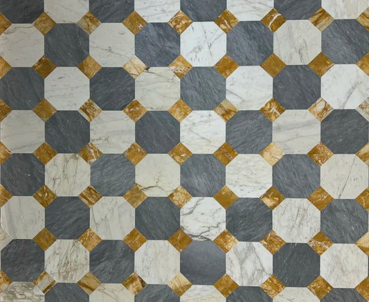 Blue, gold and white marble checkerboard tile wall on a modern kitchen