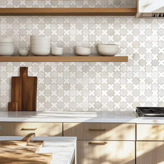 Handmade Moroccan Zellige tile backsplash with glossy glaze and natural variation