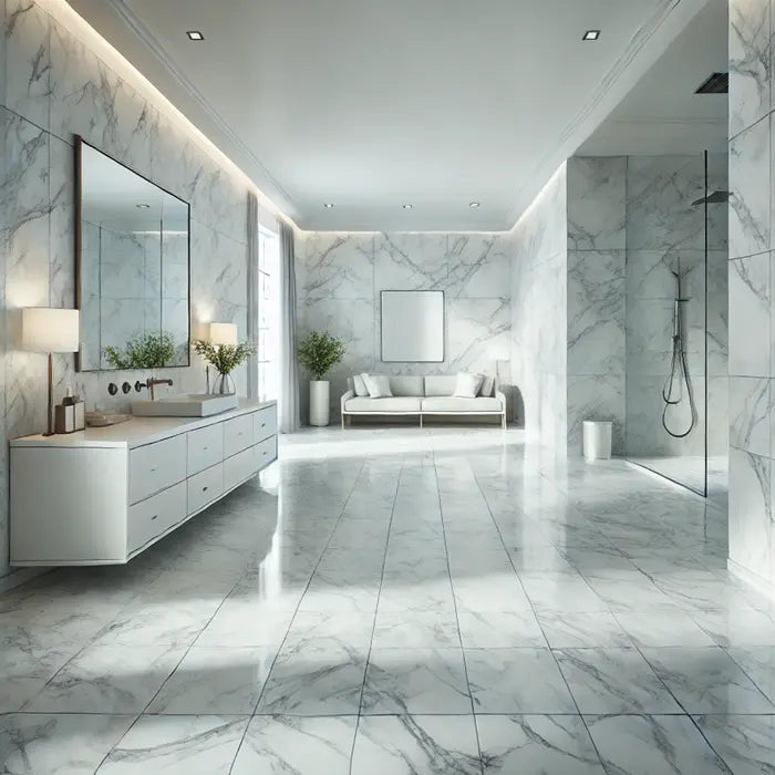 Luxury bathroom featuring white marble wall and floor tiles