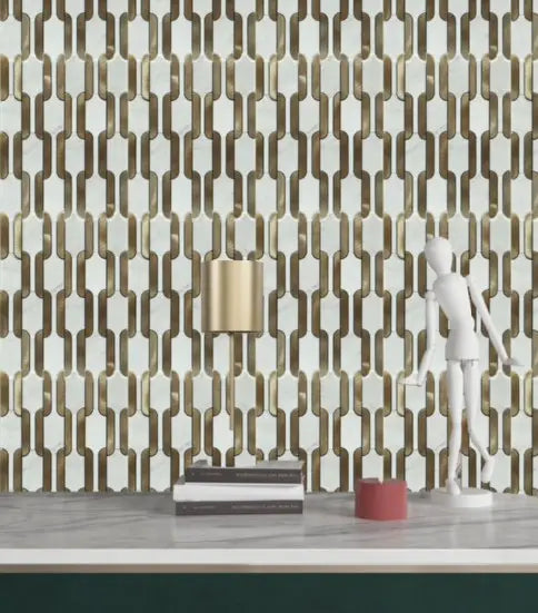 Timeless Links Marble + Metal Collection represents tile durability on a kitchen backsplash