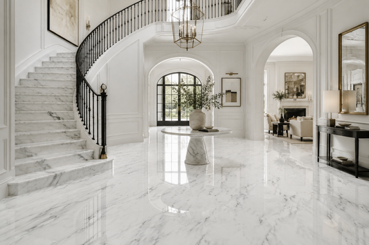 A luxurious home entryway featuring polished white marble floors, a sweeping curved staircase with iron railings, and arched doorway.