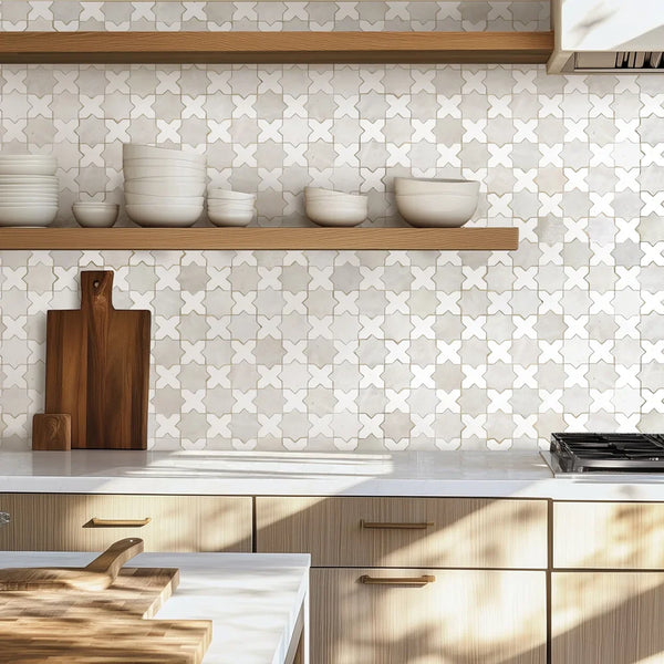 A kitchen backsplash featuring Classic Zellige hand-crafted tiles by Arda Ogan