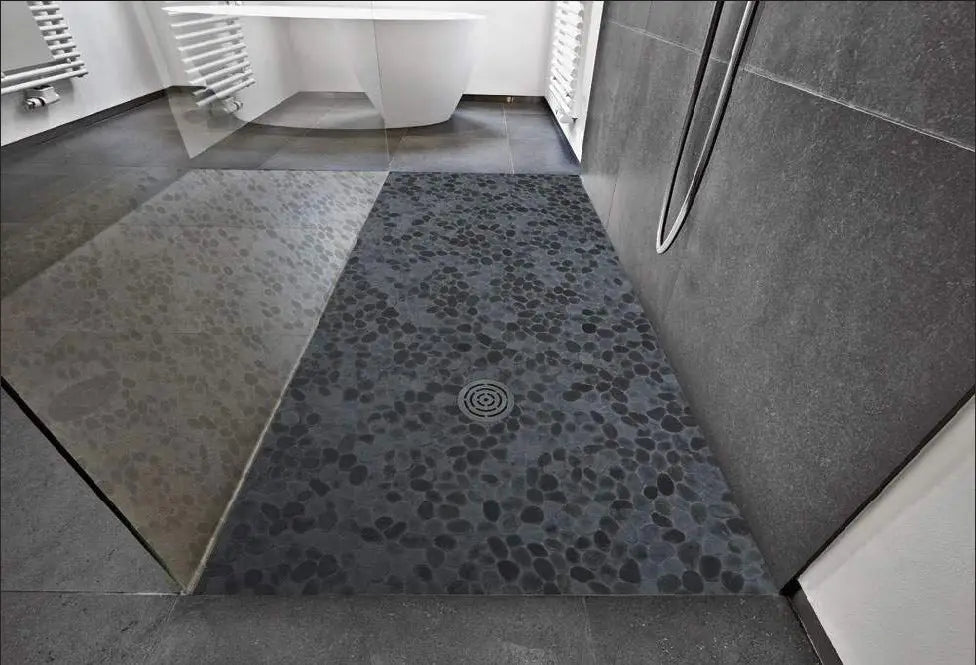 Shower Floor_Java Onyx Mosaic Tile - Bold Black Sliced Pebbles for Striking Interiors.