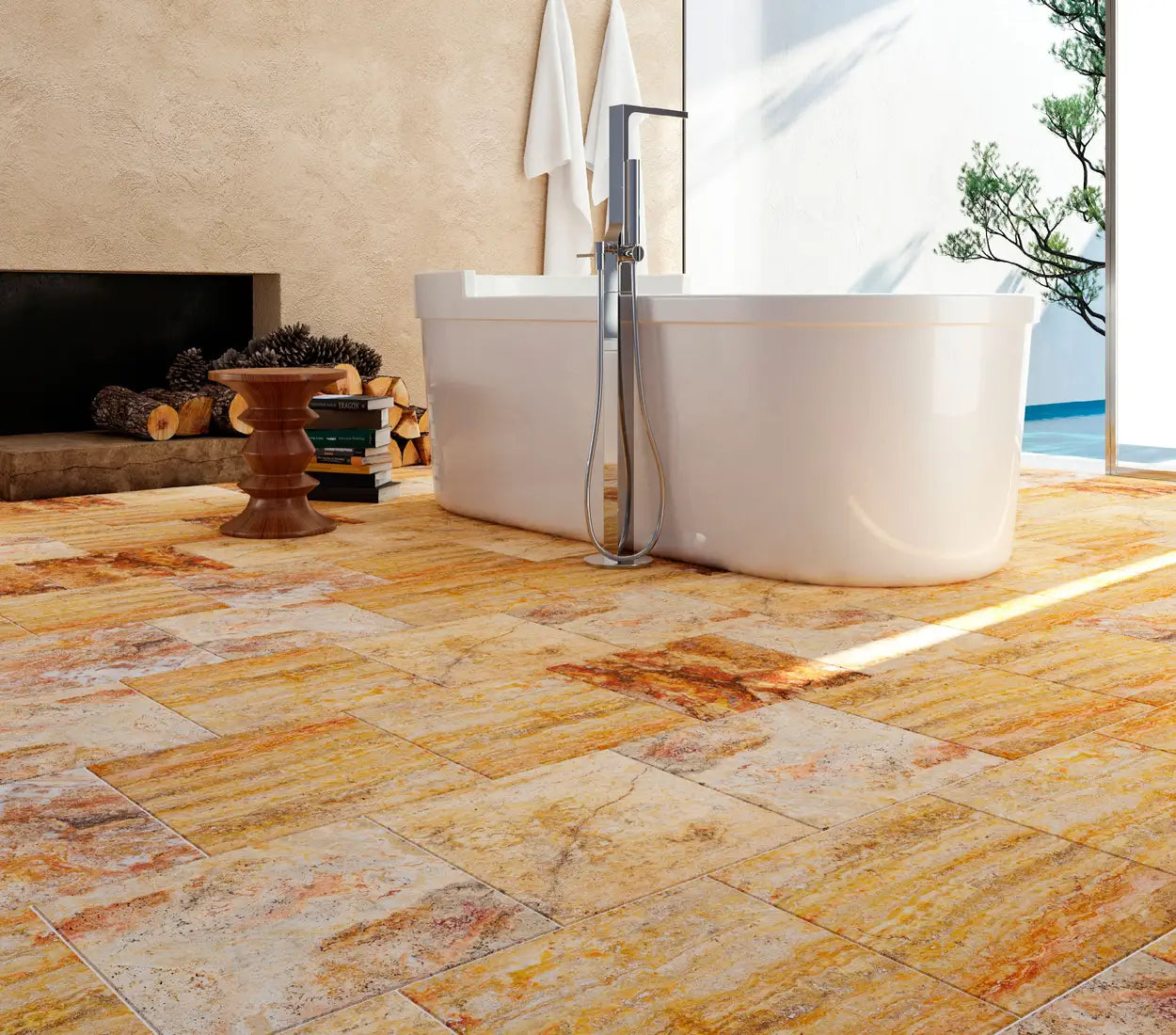 Bold Scabos Travertine with rich gold, red, and brown tones in tiles, mosaics, and liners. Perfect for walls, floors, and outdoor spaces.