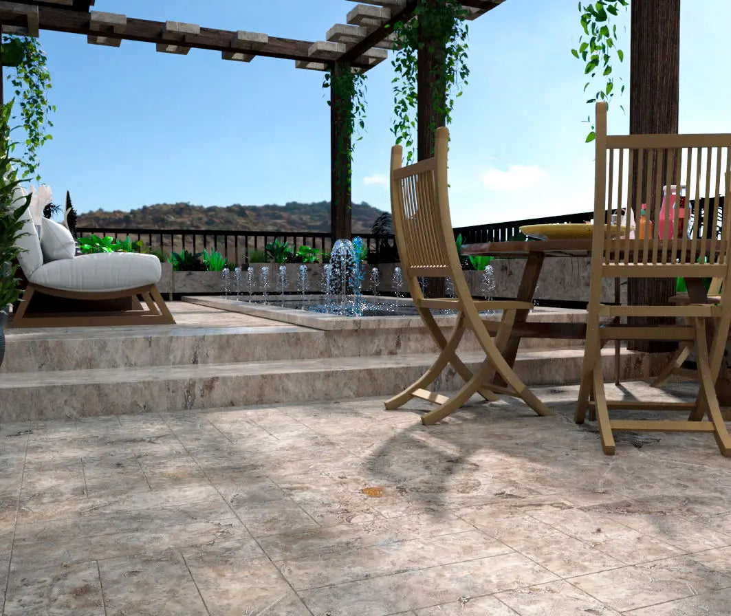 Silver Travertine Outdoor Floor Installation showcasing a Luxury boutique hotel 