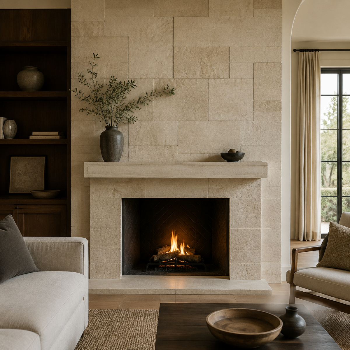 Textured cream natural stone tile fireplace surround in a refined contemporary living room.