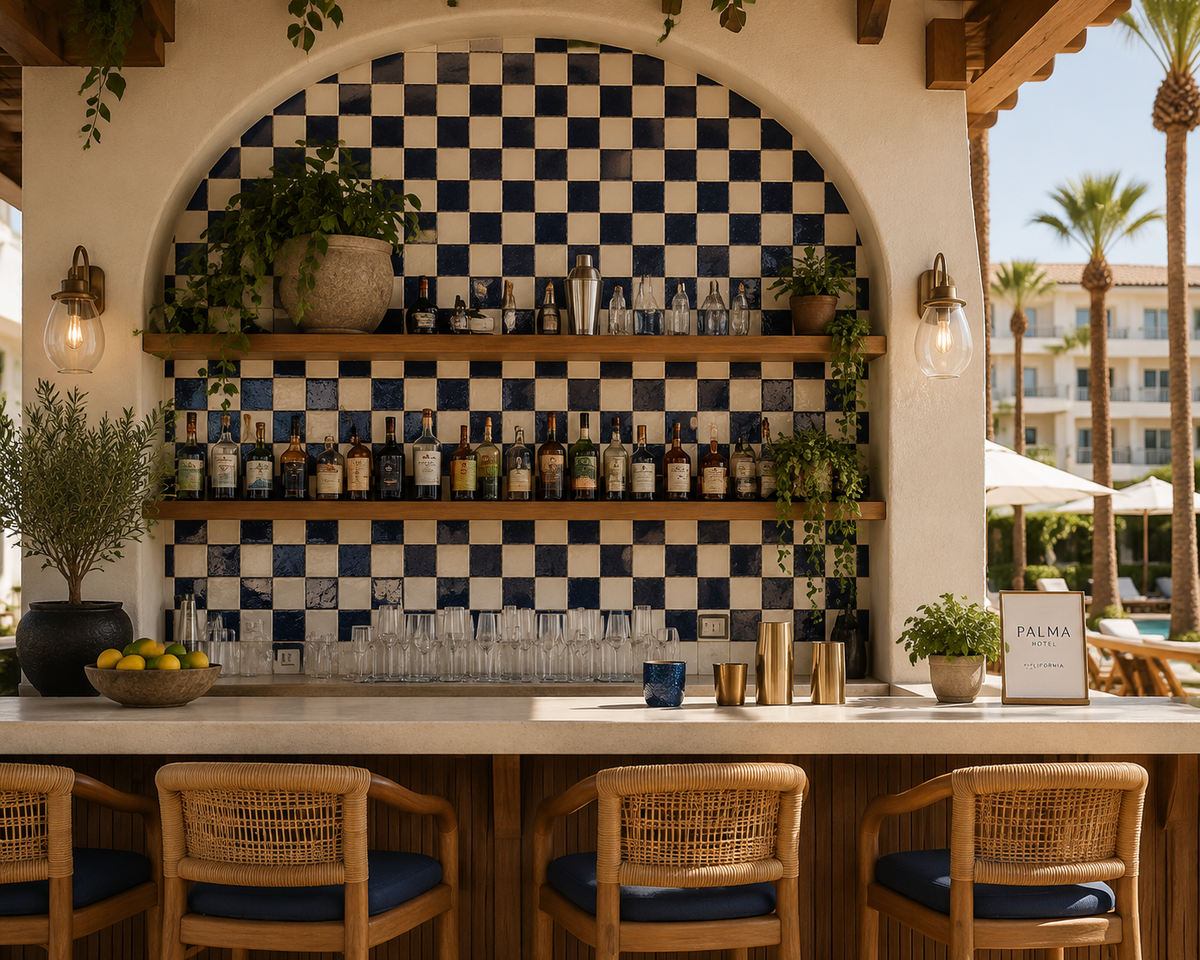 Luxury Southern California hotel outdoor bar featuring Camille checkerboard handmade Moroccan Zellige tiles installed on a statement wall with natural wood shelving, brass lighting, resort-style landscaping, and Mediterranean-inspired design.
