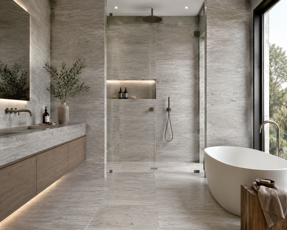Modern luxury bathroom featuring Silver Travertine natural stone walls and flooring with soft gray tones, minimalist design, freestanding bathtub, and contemporary architectural details.