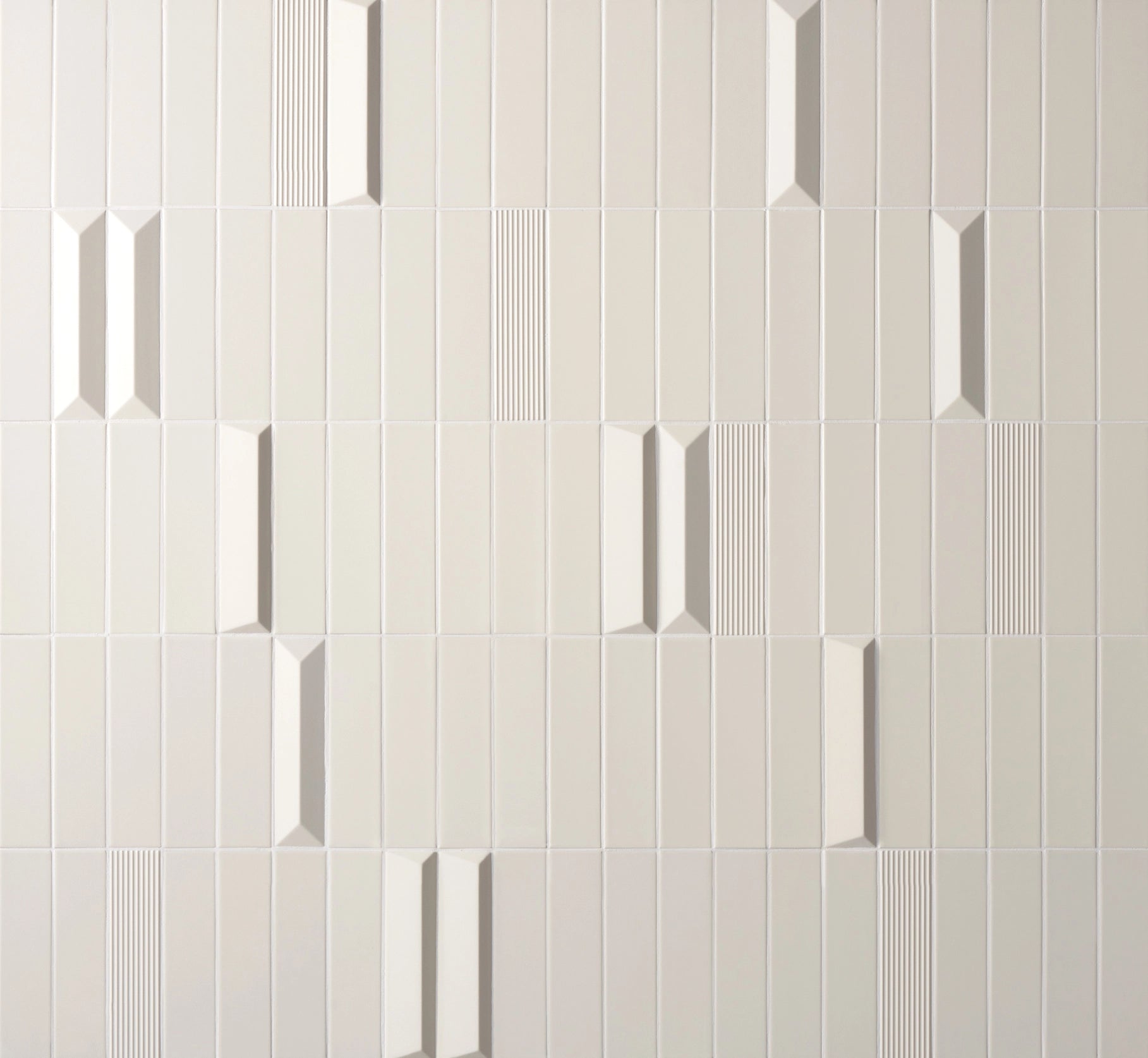 Ivory Satin Rhythm Wall Ceramic Tile: Showcasing surface finishes_ Sleek, Strata, Wave and Pulse.