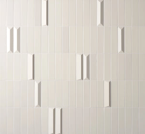 Rhythm Ivory ceramic wall tiles showing Sleek, Strata, Wave, and Pulse designs.
