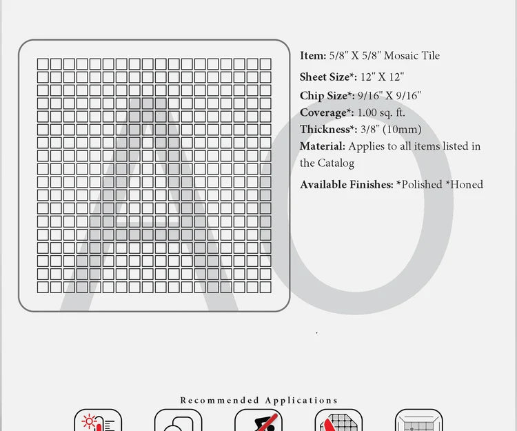 Generic ⅝×⅝ mosaic specification reference; exact Calacatta Gold stone is not confirmed.