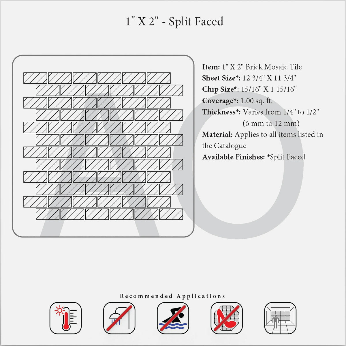 Generic 1×2 split-face mosaic dimensional reference for dry interior wall use.