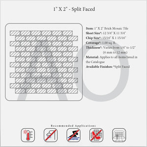 1x2 Inch Split-Faced Mosaic Tile with a textured finish, perfect for adding depth and dimension to wall applications. Featuring varied thicknesses from 1/4” to 1/2”, this mosaic sheet measures 12 3/4” by 11 3/4” and covers 1 sq. ft. Ideal for indoor, dry applications like accent walls and fireplace surrounds.